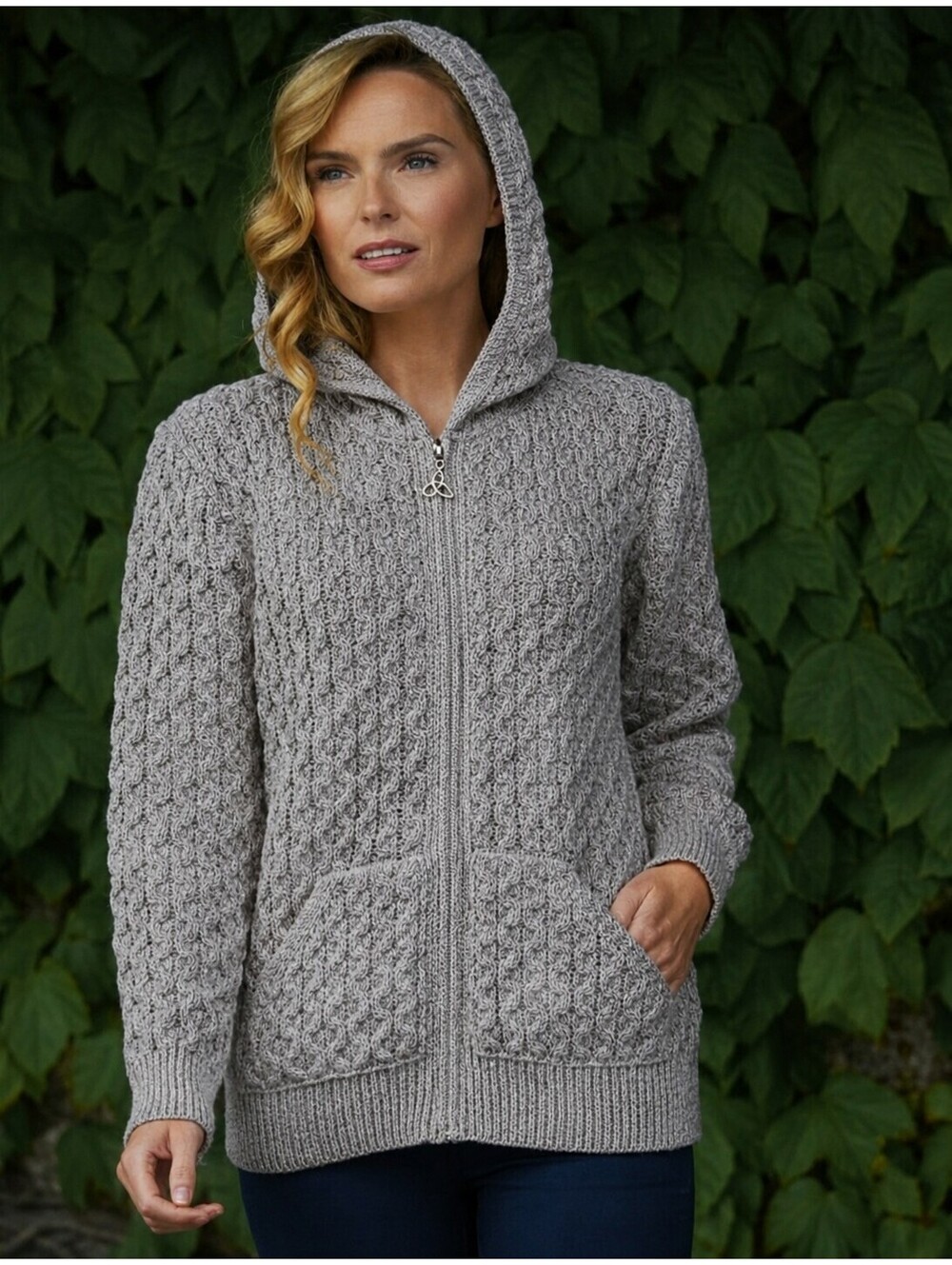 Aran Crafts Mereno Wool Hooded Zip Cardigan Woman's XL gray Cable Honeycomb Knit